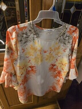 Peter Nygard White Floral Flutter-Sleeve Top with Orange & Yellow Blooms